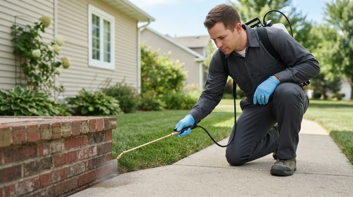 Pest control technician treating a home near Hepler, KS