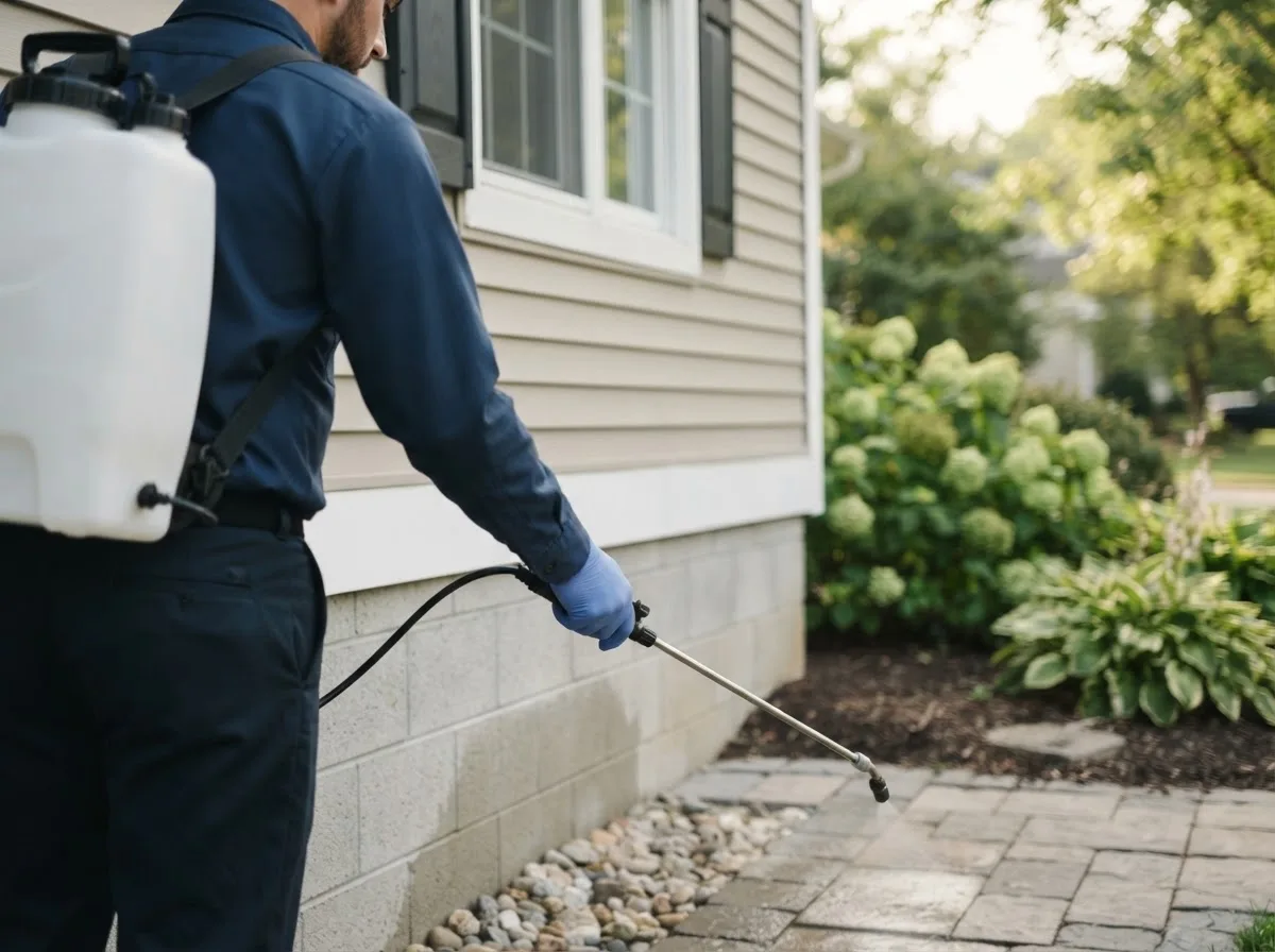 Pest control technician inspecting a home in Hepler, KS